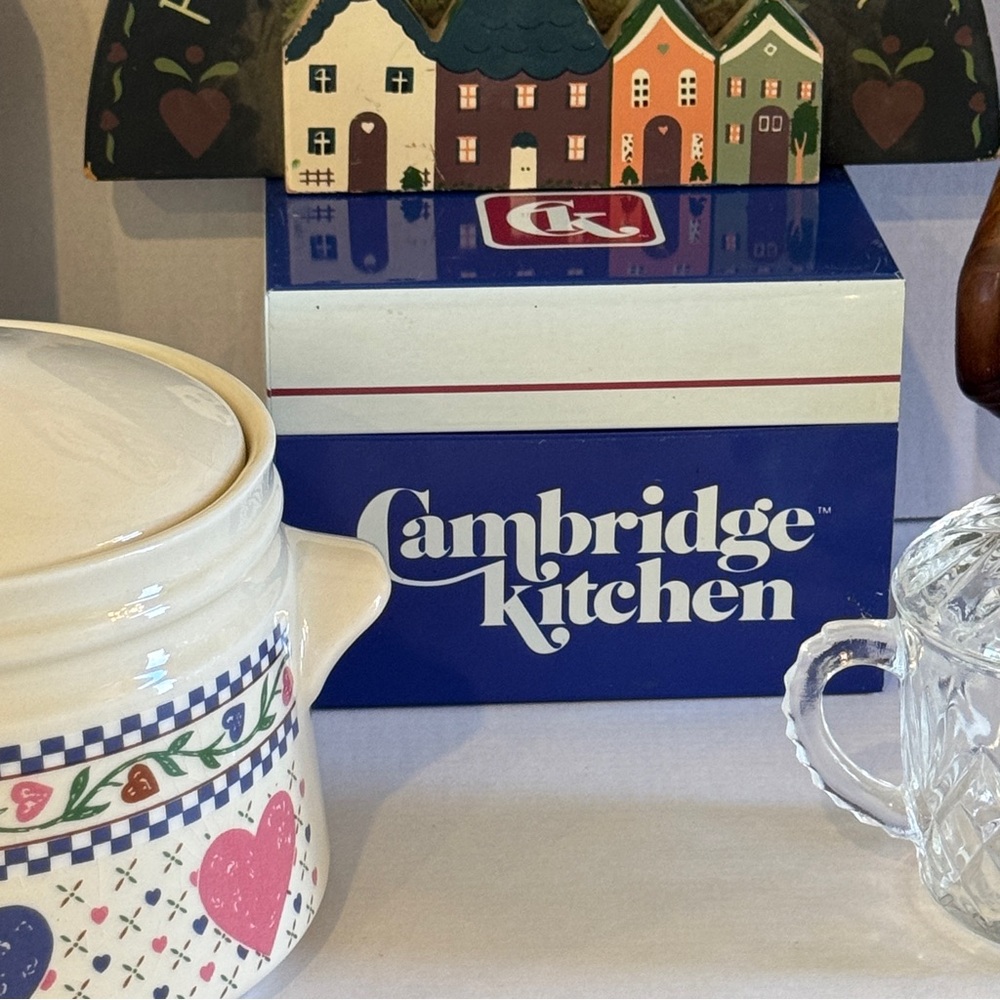 Vintage Blue and White Metal Recipe Box Cambridge Kitchen Graphic Cottagecore